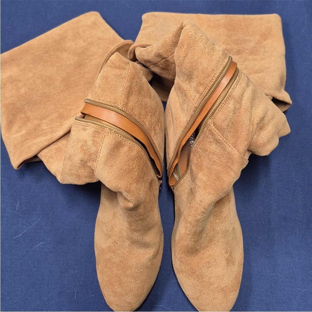 Putu Boots Block Heel Over the Knee Faux Suede Tall Tan Light Brown Size 8.5 - Picture 5 of 11